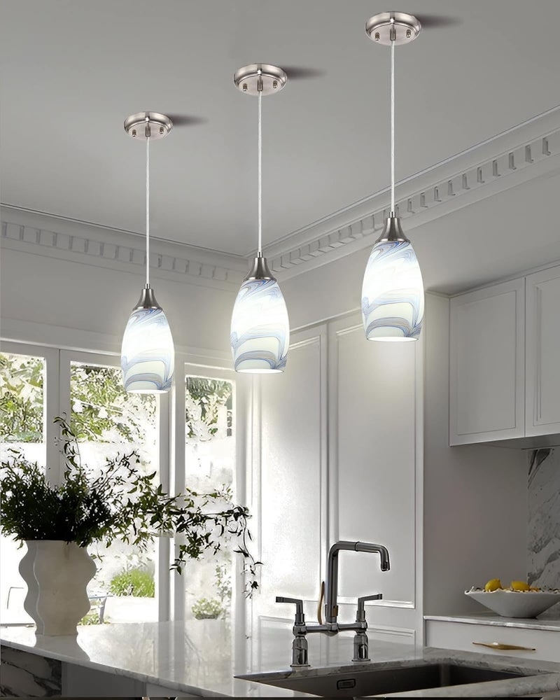 karyfine Mini Art Glass Pendant Lights Kitchen Island Blown Glass Pendant Lighting with Brushed Nickel Finish Adjustable Cord Ceiling Hanging Lamp for Hallway,Dining Room White and Dark Blue-1P - Image 5